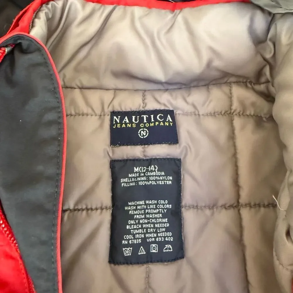NAUTICA vintage Boys Puffer Jacket Hooded Classic Red/White/Blue size M 12-14